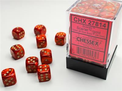 Chessex Scarab 12mm d6 Scarlet/gold Dice Block (36 dice)