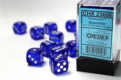 Translucent 16mm d6 Blue/white Dice Block (12 dice)