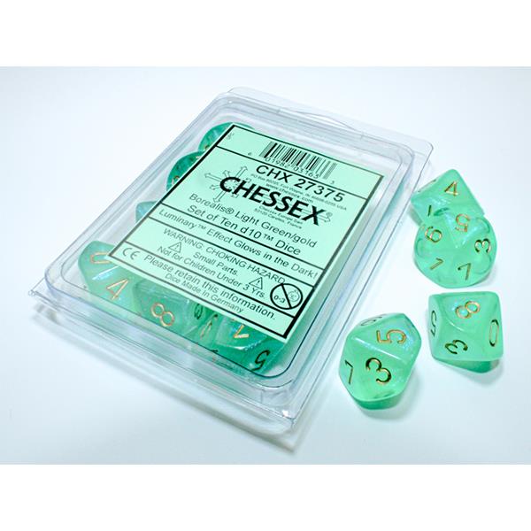 Chessex Dice Set 10 d10's - Borealis Light Green/Gold