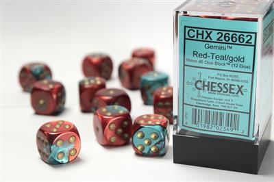 Gemini 16mm d6 Red-Teal/gold Dice Block (12 dice)