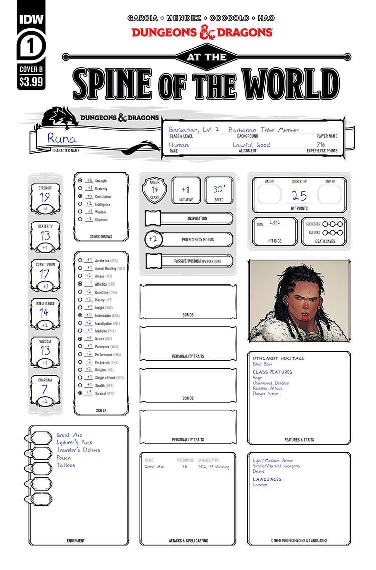 Dungeons & Dragons At Spine Of World #1 (Cvr B Character Sheet) Idw Publishing Comic Book 2020