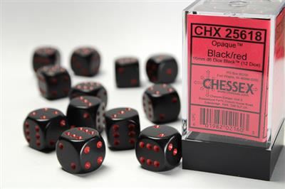 Opaque 16mm d6 Black/red Dice Block (12 dice)
