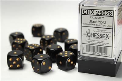 Opaque 16mm d6 Black/gold Dice Block (12 dice)