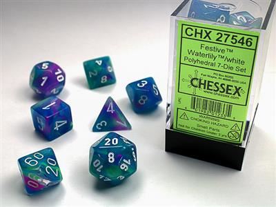 Festive Polyhedral Waterlily/white 7-Die set Chessex