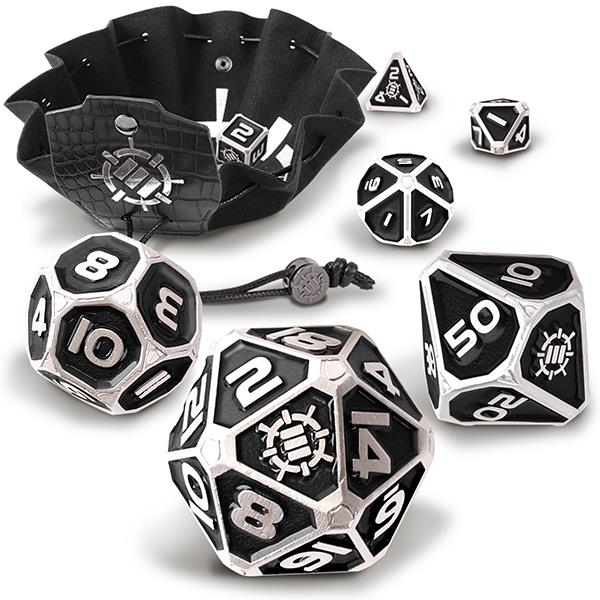 7-Die Set ENHANCE Metal Dice  Zinc/Black w/ Case & Bag, Collector's Edition