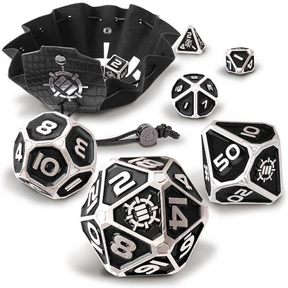 7-Die Set ENHANCE Metal Dice  Zinc/Black w/ Case & Bag, Collector's Edition
