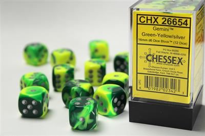 Gemini 16mm d6 Green-Yellow/silver Dice Block (12 dice)