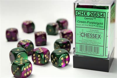 Gemini 16mm d6 Green-Purple/gold Dice Block (12 dice)