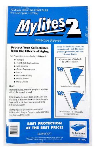 Mylites 2 Mylar Sleeves Legal Size/CGC Graded Comic Slabs : 50pk By E.Gerber