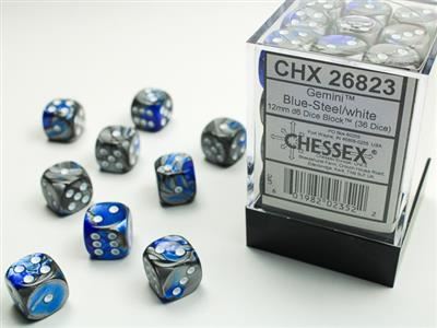 Gemini 12mm d6 Blue-Steel/white Dice Block (36 dice)