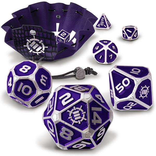 7-Die Set ENHANCE Metal Dice  Zinc/Purple w/ Case & Bag, Collector's Edition