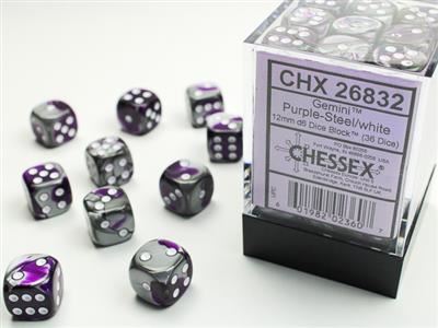 Gemini 12mm d6 Purple-Steel/white Dice Block (36 dice)