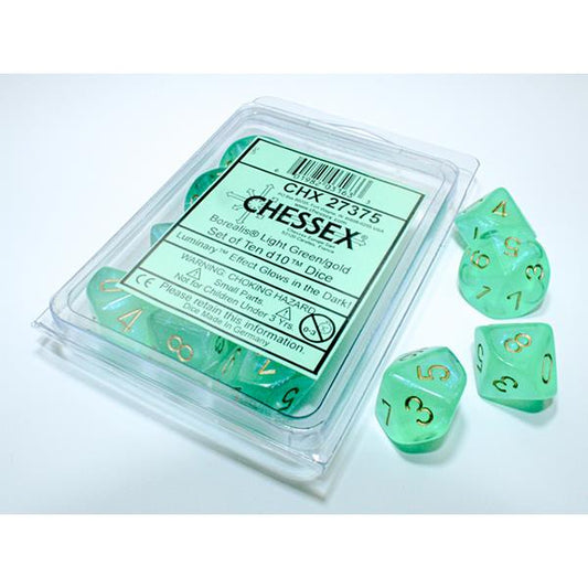 Chessex Dice Set  10 d10's - Borealis Light Green/Gold