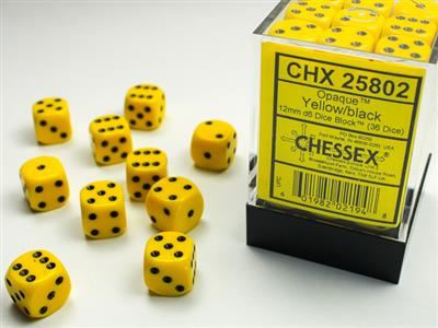 Opaque 12mm d6 Yellow/black Dice Block (36 dice)