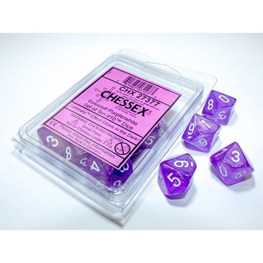 Chessex Dice Set  10 d10's - Borealis  Purple/White