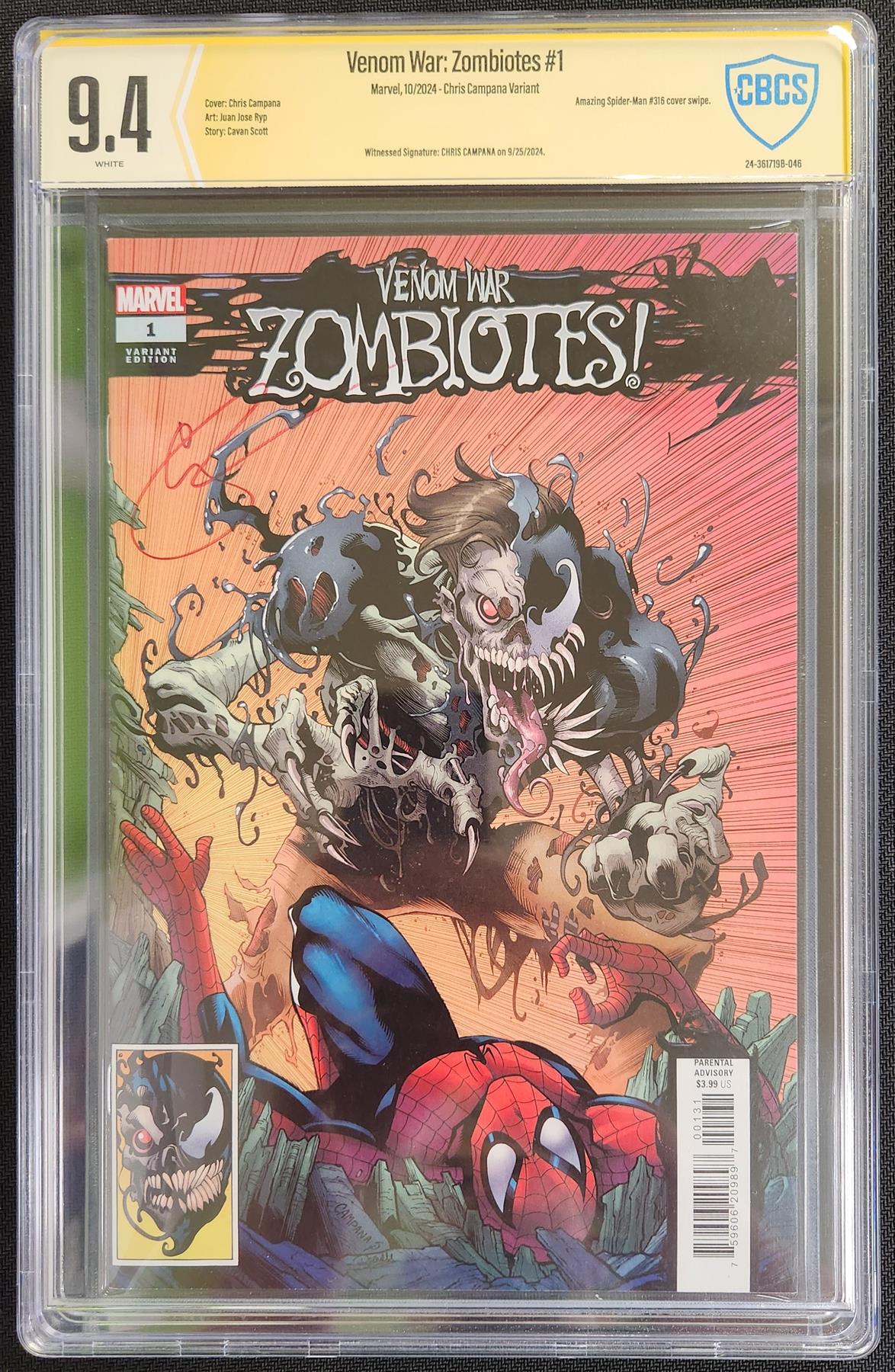 Venom War Zombiotes #1 Marvel 2024 CBCS Signature Series 9.4  Chris Campana Graded Comic Book