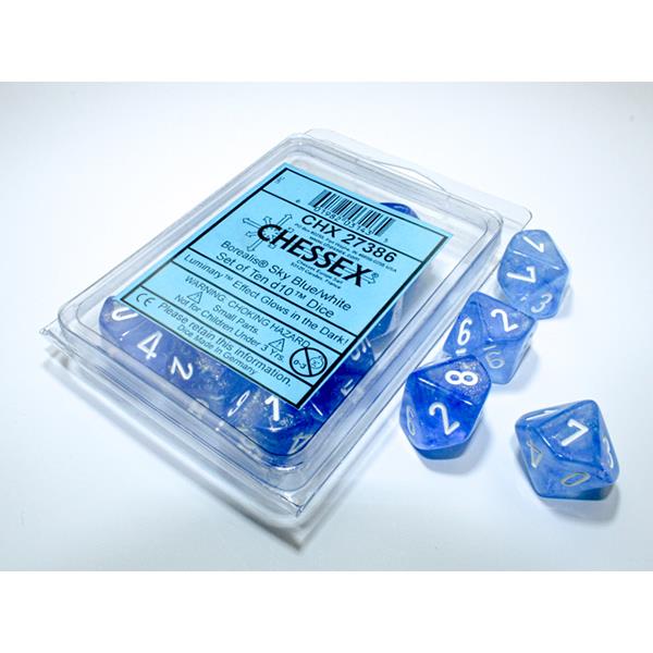 Chessex Dice Set  10 d10's - Borealis  Sky Blue/White