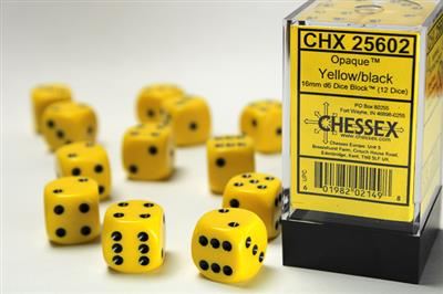 Opaque 16mm d6 Yellow/black Dice Block (12 dice)