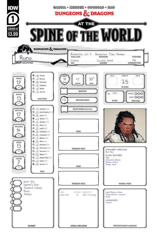 Dungeons & Dragons At Spine Of World #1 (Cvr B Character Sheet) Idw Publishing Comic Book 2020