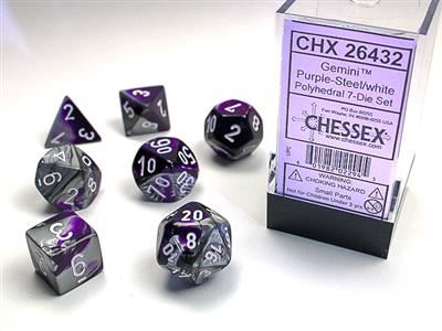 Gemini Polyhedral Purple-Steel/white 7-Die Set Chessex