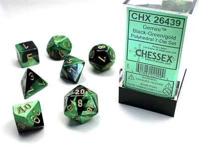 Gemini Polyhedral Black-Green/gold 7-Die Set Chessex